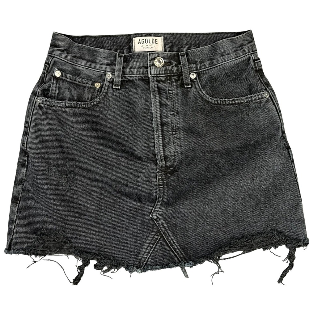 AGOLDE Quinn Denim Mini Skirt 25 / 0 Black Distressed Raw Hem High Rise